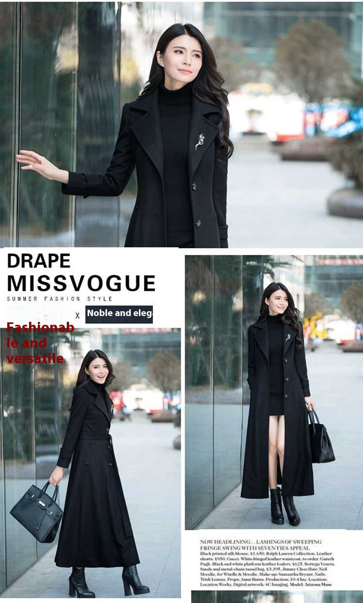 Thick Wool Slim-fit Hepburn Style Ultralong Overknee Overcoat For Women