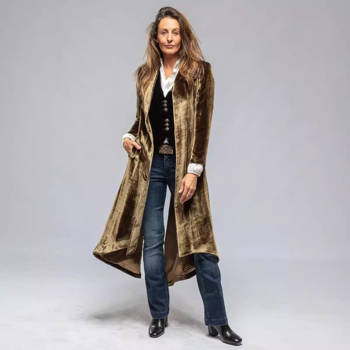 Women's Clothing Velvet Long Cardigan Solid Color Retro Split Coat And Trench Coat Loose Overcoat